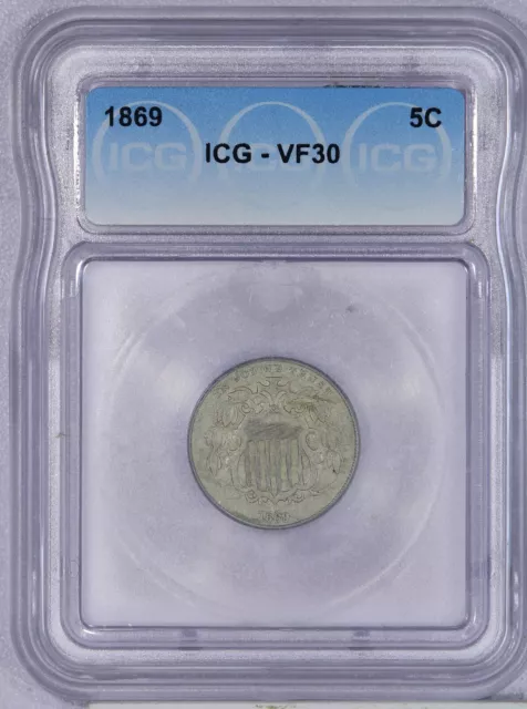 1869 Shield Nickel 5c ICG VF30