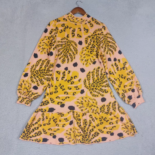 Anthropologie Farm Rio Sweater Dress Women Medium Pink Yellow Leopard Palms