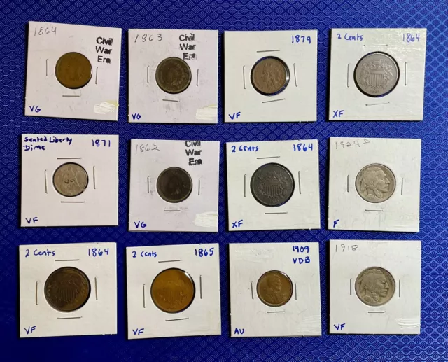 rare us coins lot (4 two cent, 1 seated liberty dime, and 8 more coins)