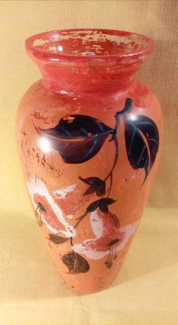 Grand Vase Ancien En Verre Peint – Décor Paysage Sapin Maison – Signé Hanry?