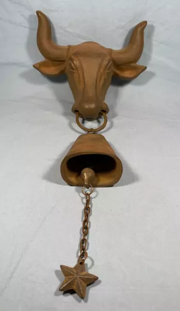 Vintage Cast Iron Steer Bull Head With Nose Ring, Cow Bell, & Texas Star