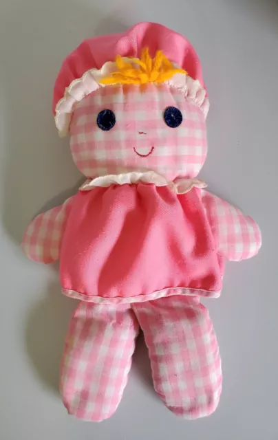 Fisher Price Lolly Rattle Doll Cloth Baby Toy Pink Plaid Gingham Vintage