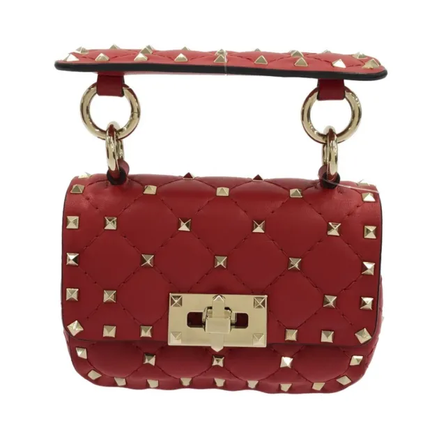 Auth VALENTINOGARAVANI Rockstud Spike Micro Bag Red Leather Handbag