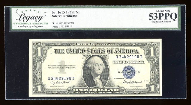 DBR $1 1935-F Silver Fr. 1615 QI Block Legacy 53 PPQ Serial Q34429198I