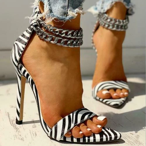 Womens Stiletto Sandals Metal Chain Open Toe High Heels Summer Party Club Shoes