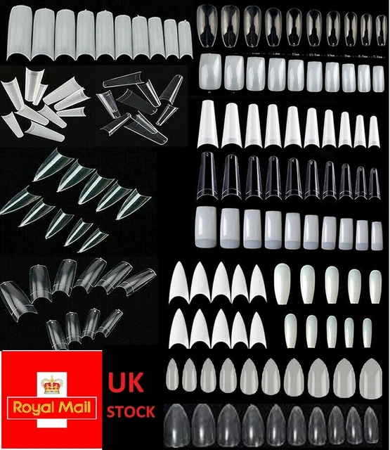 100X French Acrylic False Nail Tips Stiletto Almond Coffin Natural Clear UV Gel.