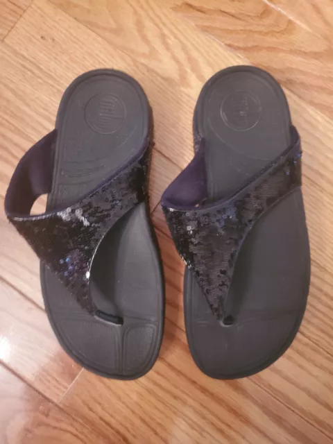 Womens Fitflop Lulu Wedge Thong Sz 6 Sequin Embilished Black Sandals
