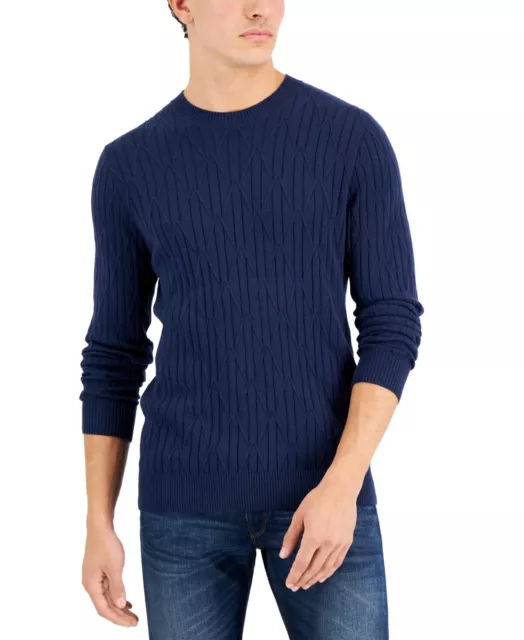 Alfani Mens Dark Blue Cable Knit Cotton Sweater Medium