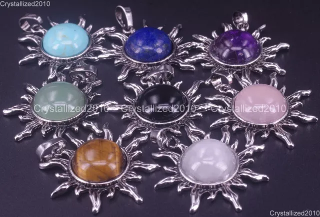 Natural Gemstones Sun Apollo Chakra Healing Pendant Charm Beads Tibetan Silver