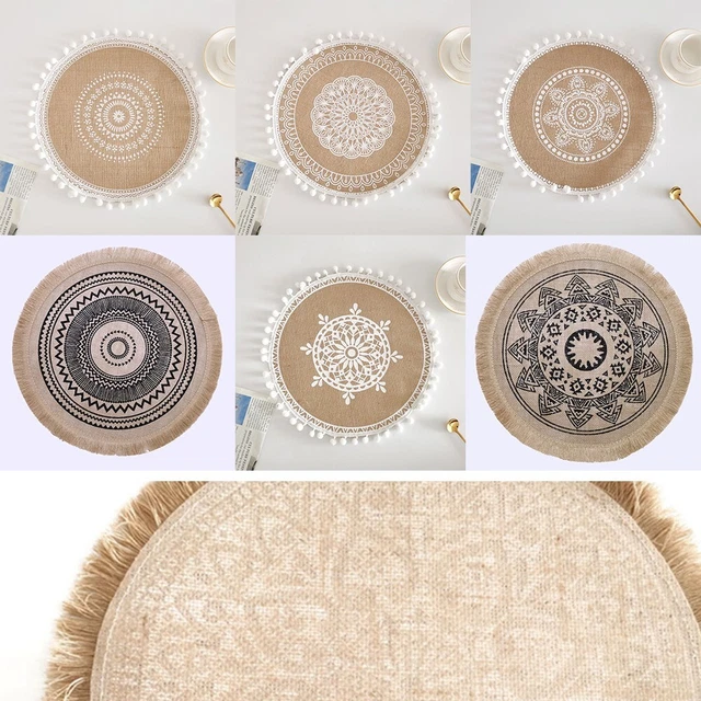 Linen-Table Tapis Dentelle Napperon Set Jute Naturel Tissé Tableware Tapis Rond