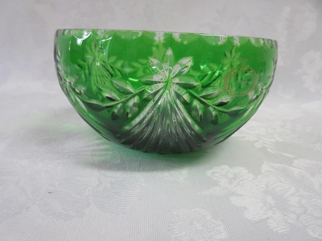 Vtg Bohemian Glass Emerald Green Cut to Clear 24% Crystal Bowl w Original Label Vtg Bohemian Glass Emerald Green Cut to Clear 24% Crystal Bowl w Original Label