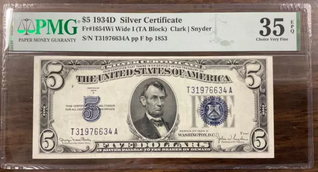 1934D $5 Silver Certificate Fr#1654Wi Wide I (TA Block) PMG 35 Choice VF - EPQ