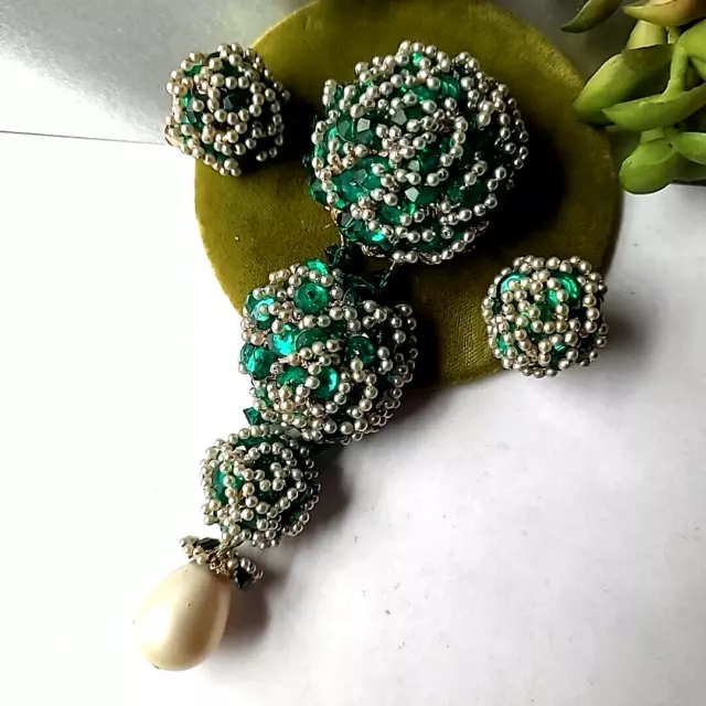 Vintage Estate Vendome Green Sequins Faux Pearls Brooch Earrings Clip On Set