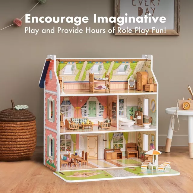 Robud Retro Puppenhaus Holzpuppenhaus Dollhouse mit Zubehör & Möbel für Kinder