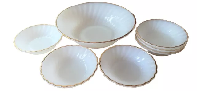 7 x Vintage Anchor Hocking GOLDEN SHELL White Milk Glass Swirl Bowl Set USA 60's