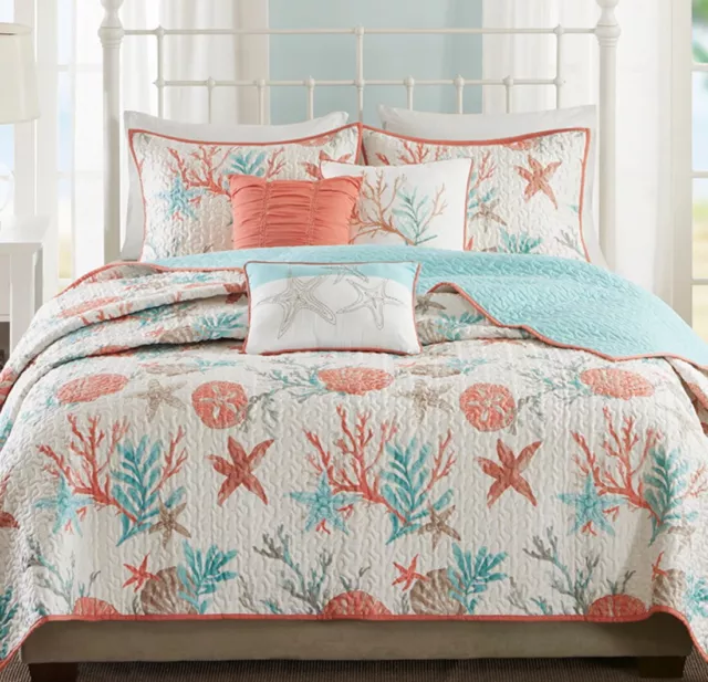 CORAL BEACH 6pc King QUILT SET : CORAL AQUA OCEAN SHELL TROPICAL COVERLET