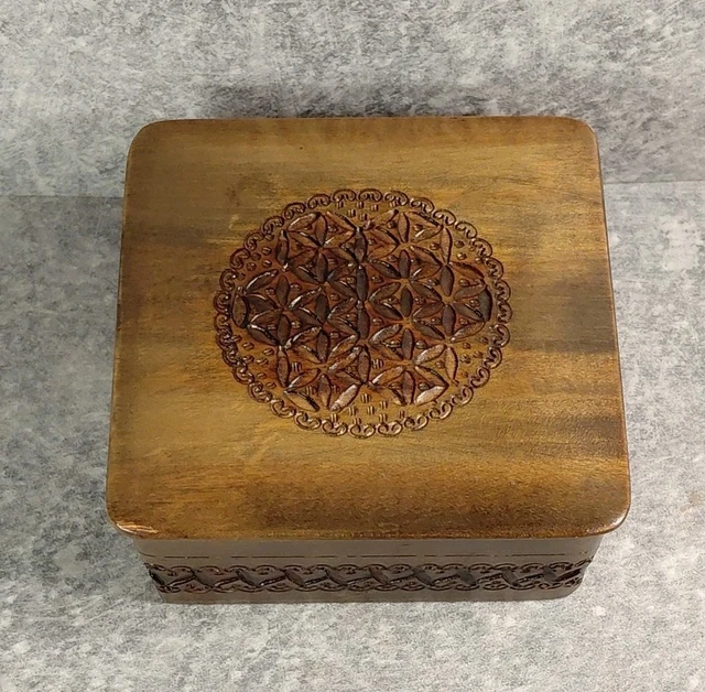 Coffret En Bois Gravé Main, Décor Mandala, Boîte à Compartiments Style Viking - Marron