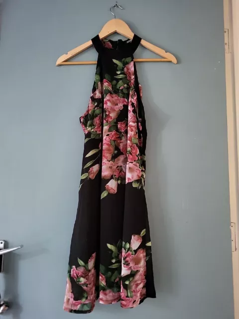 Fashion Union Size 10 Black Floral Halterneck Sleeveless Dress (0723/29)