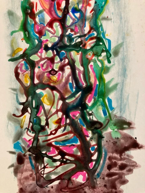 Peinture Gouache Abstraite Sur Papier Des Années 1990 - Dessin à Identifier, Noir, Art Vintage