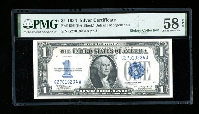 DBR 1934 $1 Silver Funnyback Fr. 1606 GA Block PMG 58 EPQ Serial G27019234A