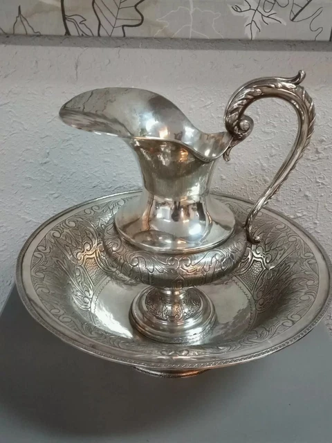 Silver Ewer Water Pitcher & Fruit Bowl Decorative Set Spanish Repousse