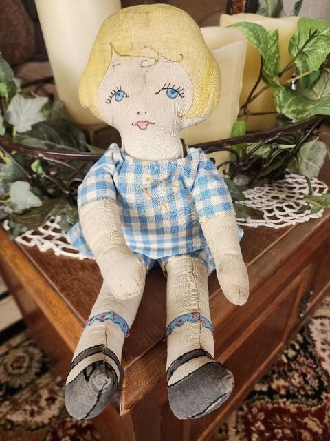 Awesome Vintage Handmade Rag Doll - Hand Stiched Features - Great Old Fabric !