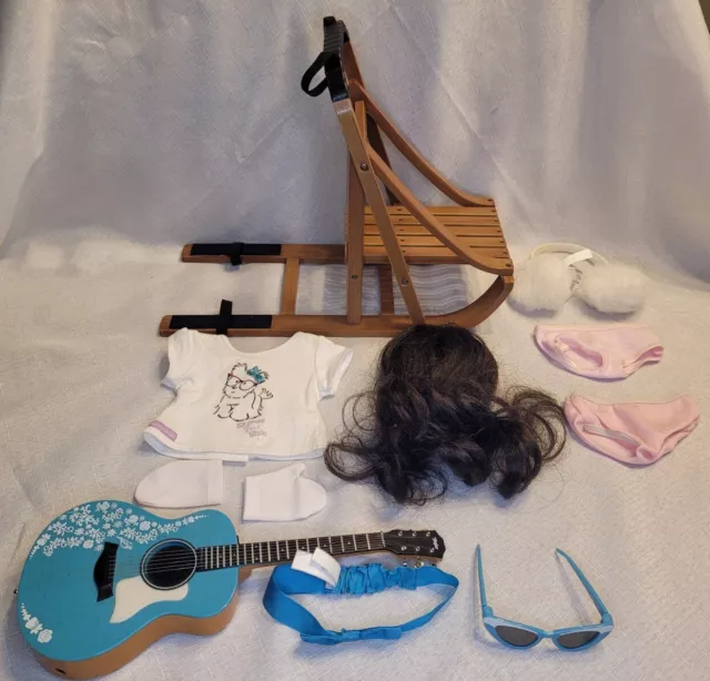 American Girl Doll Accessories Lot Pleasant Co. Guitar Snow Dog Sled Clothes Wig