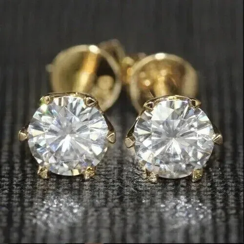 Solitaire Stud Earrings 2CT Round Cut Simulated Diamond 14k Yellow Gold Plated