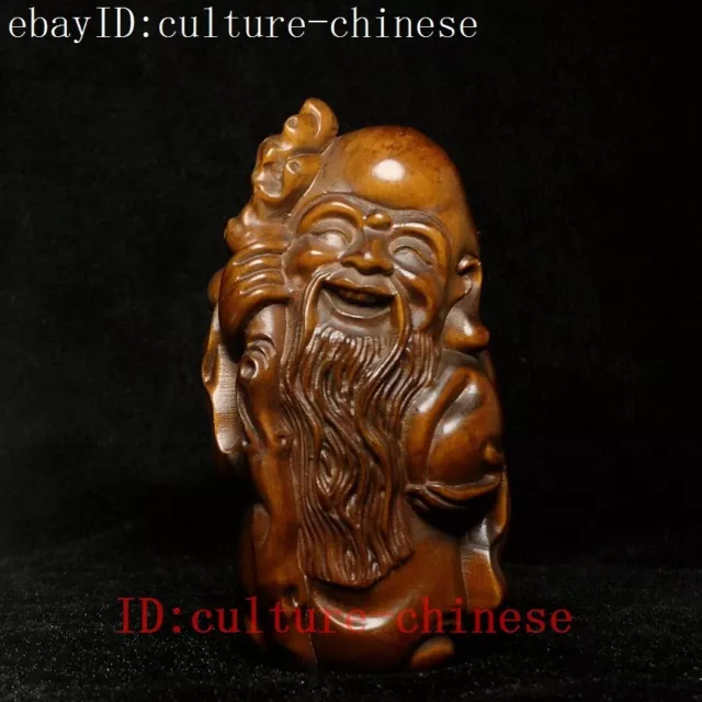 H 8.3 CM Chinese boxwood hand carved Peach god of longevity Buddha Figure statue