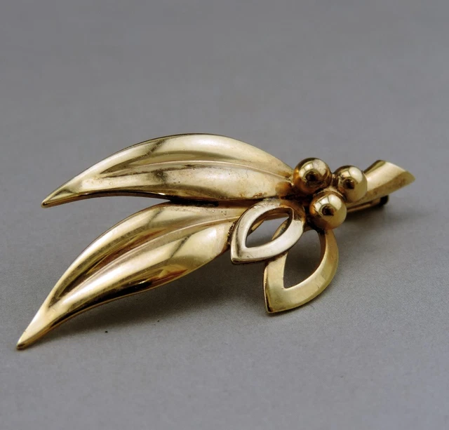 Broche Art Déco Ancienne Signée MURAT - Feuilles Tourmaline Rose Plaqué Or