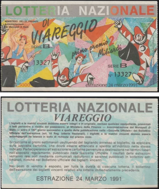 Italia Biglietto Lotteria Di Viareggio 1991 "Perfetto"