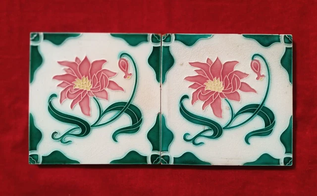2 Piece Art Deco Flower Design Embossed Majolica Used Ceramic Tiles Japan 0311