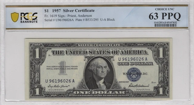 1957 $1 Blue SILVER Certificate PCGS Choice Unc 63PPQ
