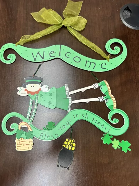 IRISH WELCOME SIGN Leprachuan Angel Pot Of Gold Coins Green 14” Bless Your Heart