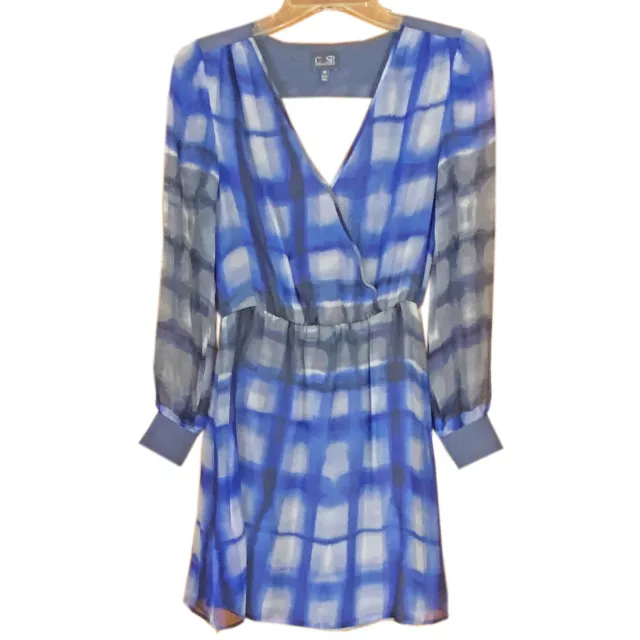 Cusp by Neiman Marcus Crossover Silk Dress Size XS Blue/Gray Check Print 3