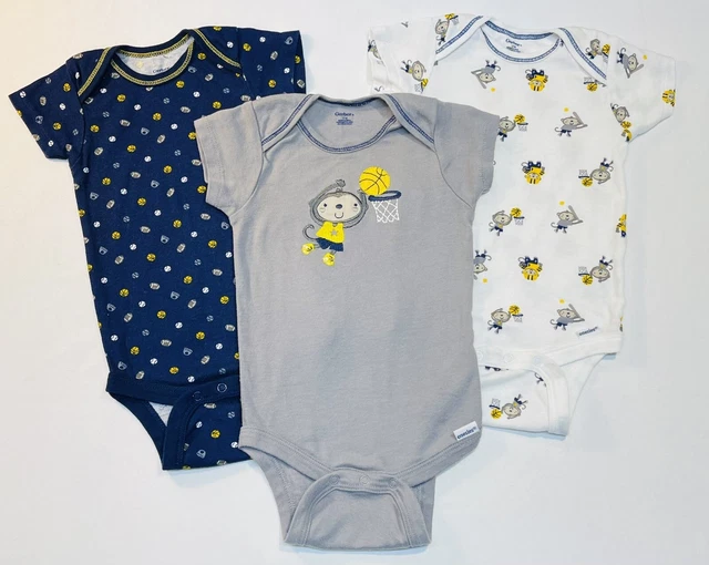 Set Of 3 Gerber Baby Boy Short-Sleeve Onesies Bodysuits 12 Month Sports Monkeys