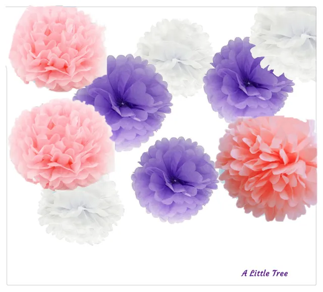Tissue Paper  Pom Poms Pompoms Fluffy Party Decor (Pink+Lilac+White)(8"&10")