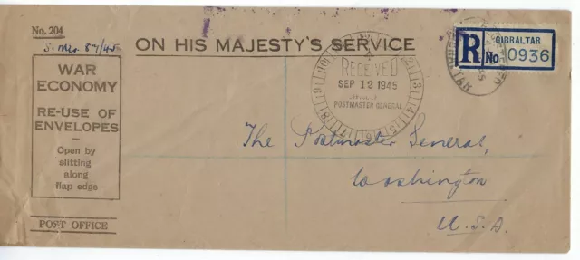 Uk Gb Gibraltar 1945 Official Fee Paid Registered Ohms War