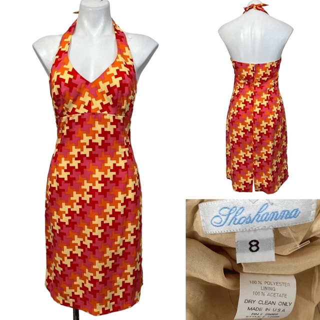 Shoshanna size 8 orange multicolor geometric print halter dress