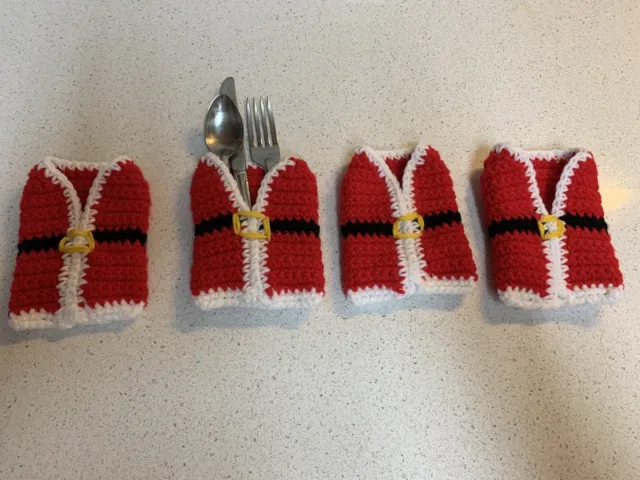 Christmas Santa Vest Cutlery Silverware Holders New Set of Four Handmade Crochet