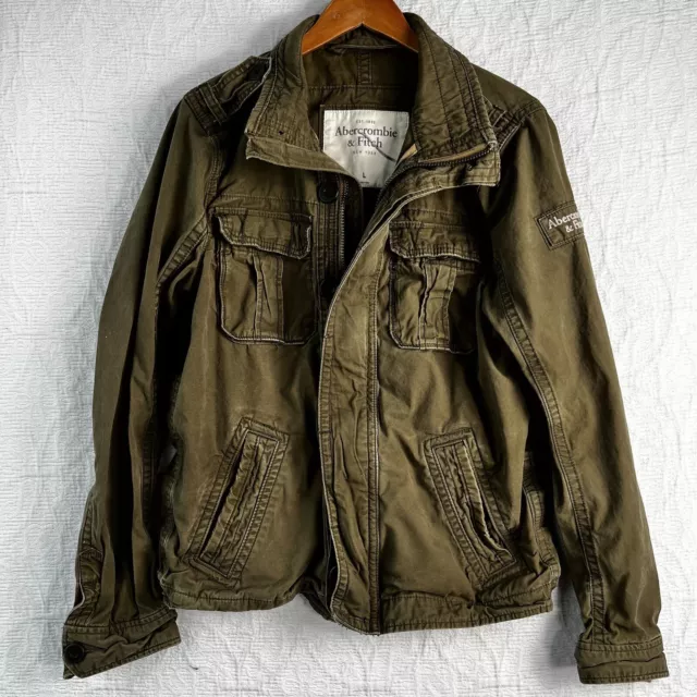 Abercrombie and Fitch Jacket Mens L Fatigue Green Cotton Canvas Coat Distressed