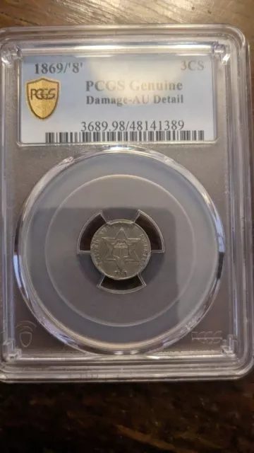 1869/'8' Three Cent Silver.  PCGS AU-details (damage).