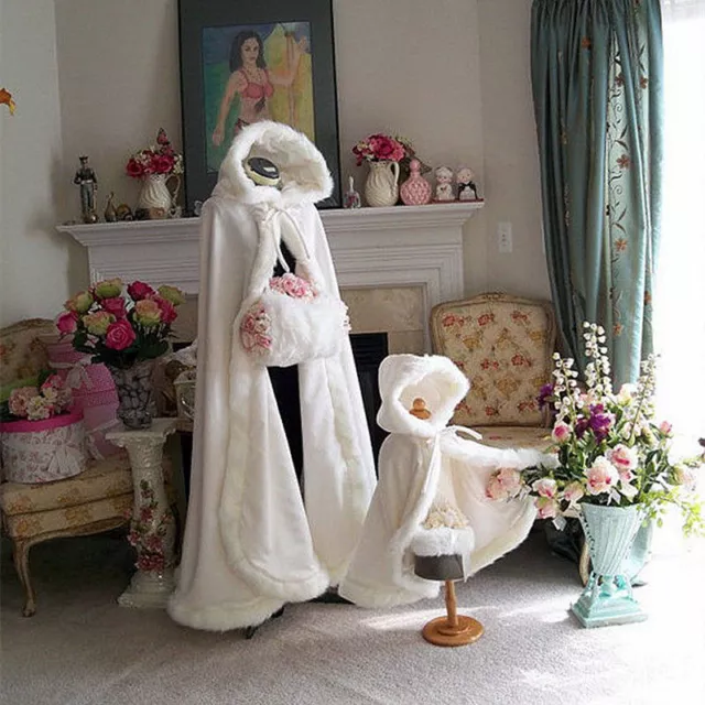 2019 Long Warm White Ivory Bridal Winter Wedding Cloak Cape Faux Fur Hood Jacket