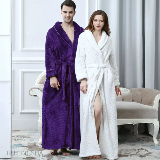 WOMEN MEN EXTRA Long Warm Flannel Bathrobe Coral Fleece Sleepwear ...