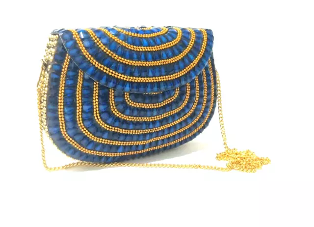 Handmade ethnic metal mosaic wedding clutch Bag with gold blue bead work