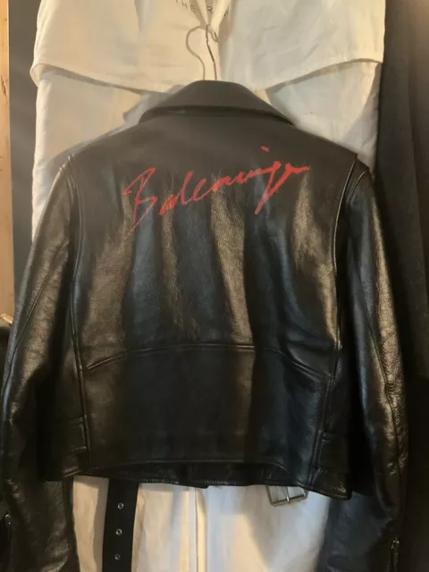 Balenciaga Leather Biker Jacket Lipstick Back Logo Women’s Uk 8 Italy 40 3