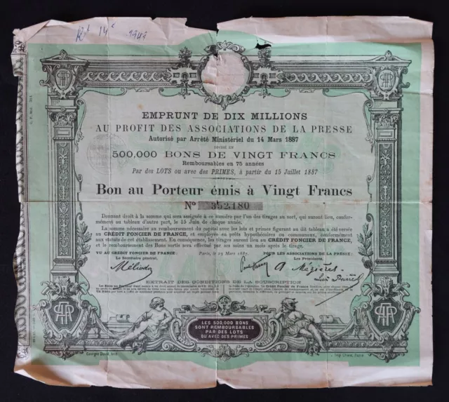 Action 1887 ASSOCIATION DE LA PRESSE  titre bond share 6