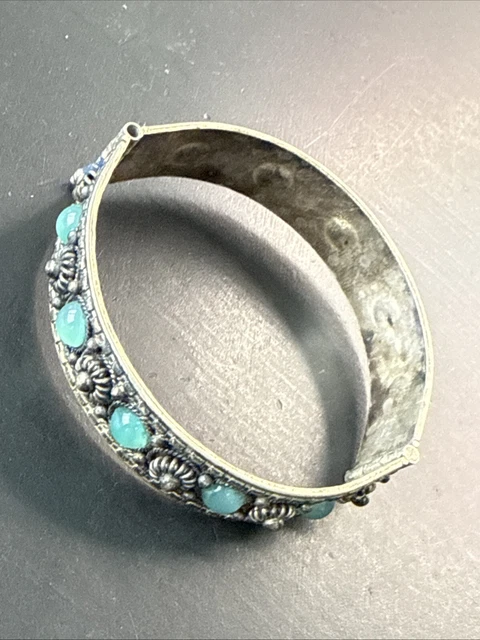 Bracelet Gourmette En Argent Massif 925 - Style Jonc Ethnique Avec Boules, Occasion Vintage
