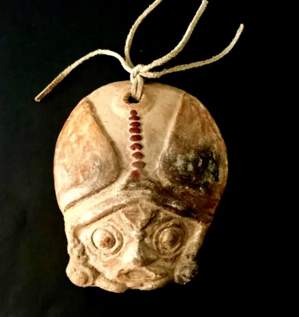 VTG 5" Primitive Art Pottery TRIBAL WARRIOR FACE Stoneware Wall Hanging w Cord