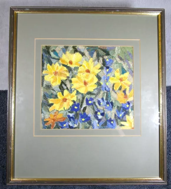 Lovely Vintage Framed Textile Art By Muriel Shaw Bright Yellow And Blue Flowers